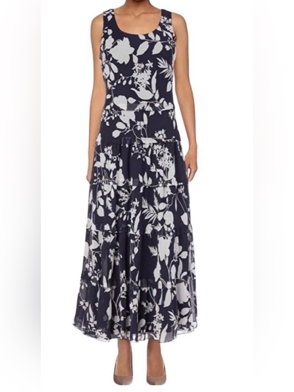 Nine West Floral Midi Dress Size 14 Navy White Tiered Chiffon Maxi Cottagecore